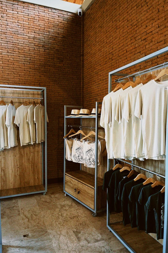 Explore an urban clothing boutique showcasing trendy apparel and accessories in a modern design setting.