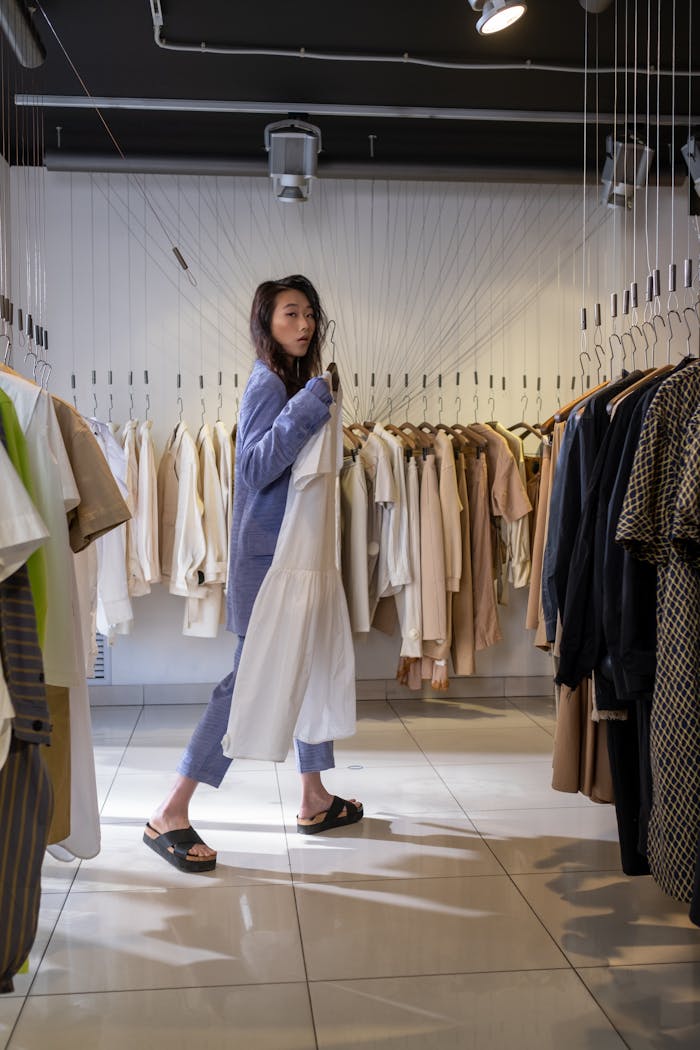 Stylish young woman shopping in a chic clothing boutique, selecting trendy outfits.